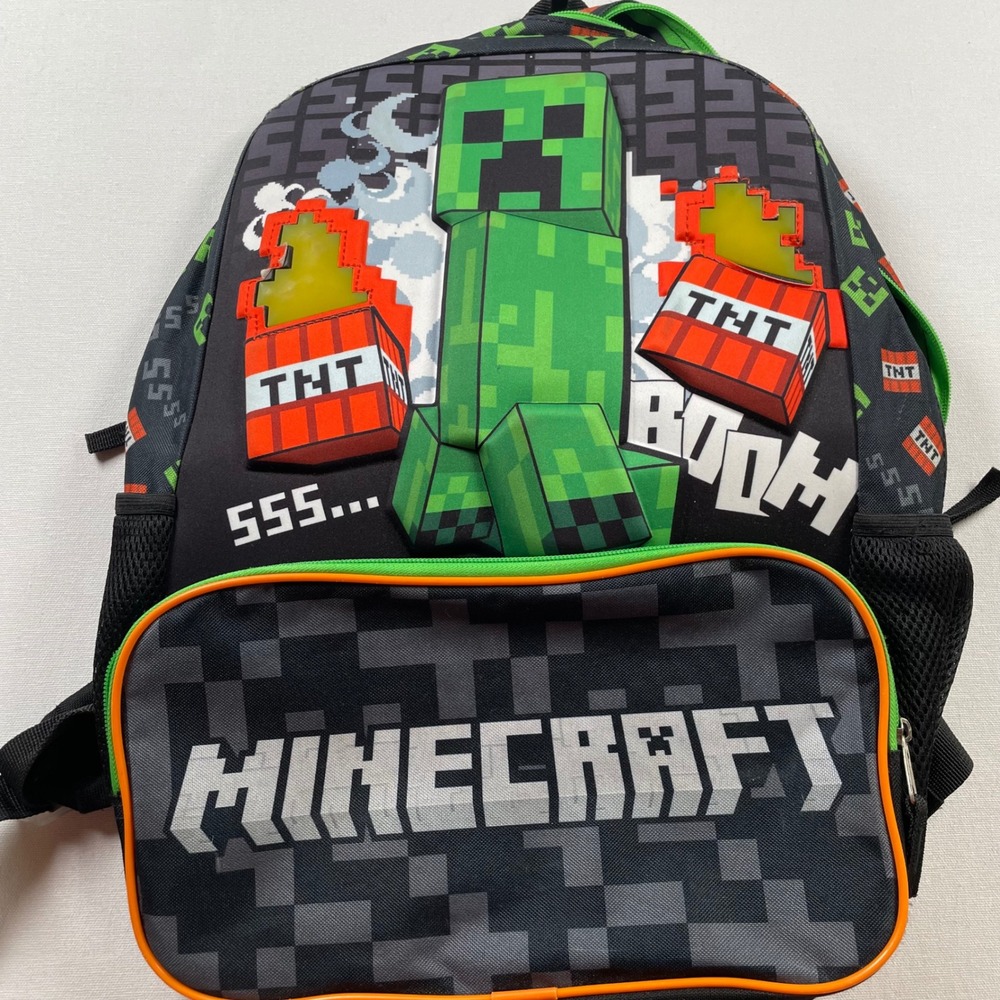 Minecraft Creeper TNT Boom Light Up Backpack Black Green Kids Bag 16 Inch FLAW